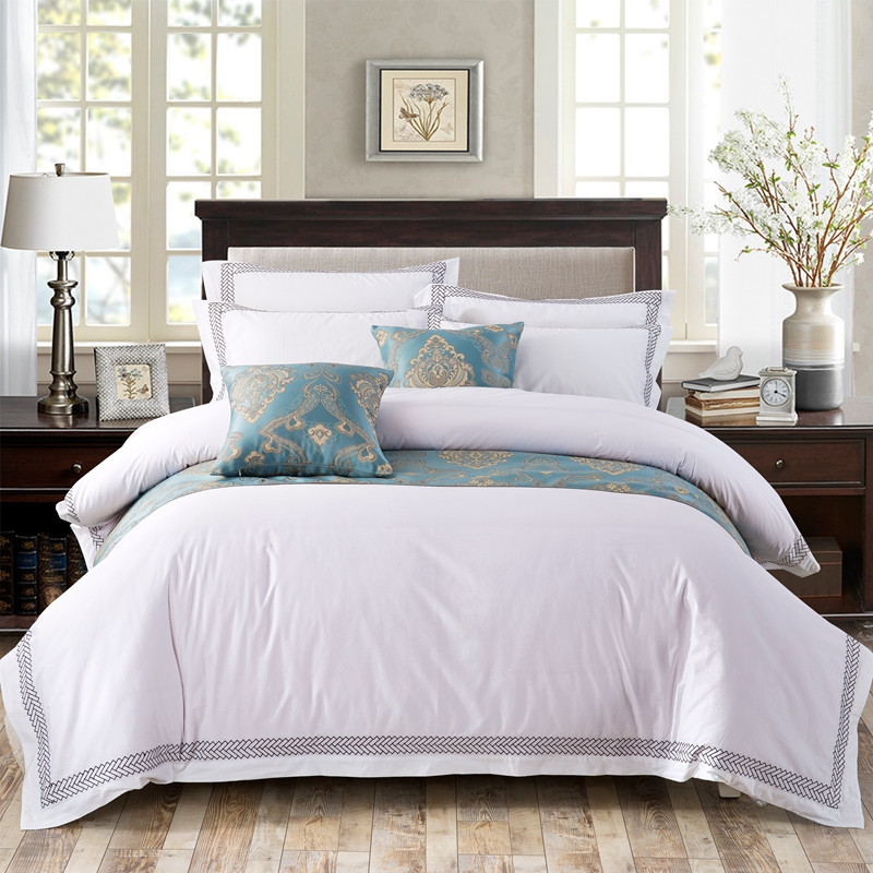 Set lenjerie de pat alb 6080S 100% bumbac brodat cu săgeți de hotel pentru dormitor