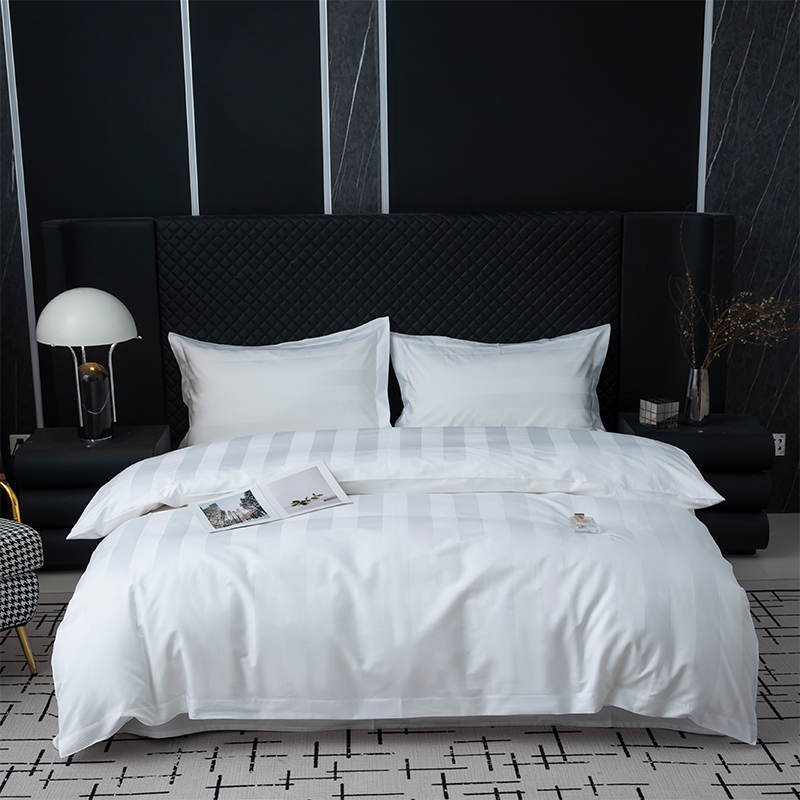 Set de lenjerie de pat de hotel cu cinci stele, cu dungi de satin de 7 cm, alb uni, 750TC, 100% bumbac