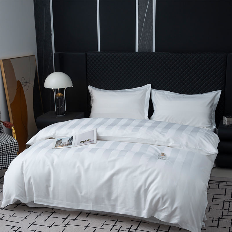 Set de lenjerie de pat de hotel cu cinci stele, cu dungi de satin de 7 cm, alb uni, 750TC, 100% bumbac Set de lenjerie de pat de hotel cu cinci stele, cu dungi de satin de 7 cm, alb uni, 750TC, 100% bumbac