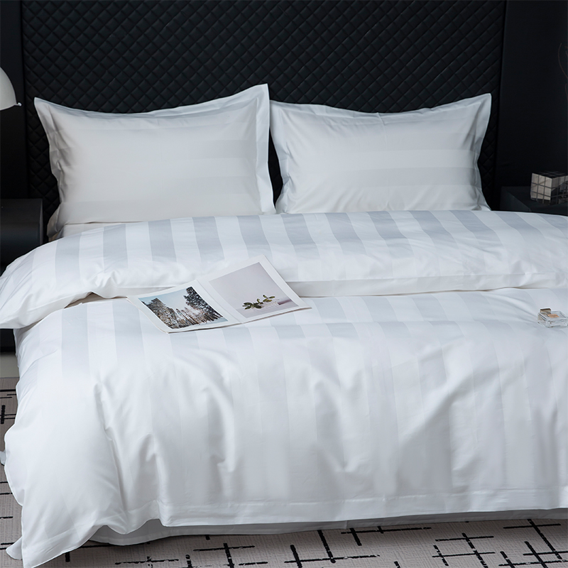 Set de lenjerie de pat de hotel cu cinci stele, cu dungi de satin de 7 cm, alb uni, 750TC, 100% bumbac Set de lenjerie de pat de hotel cu cinci stele, cu dungi de satin de 7 cm, alb uni, 750TC, 100% bumbac